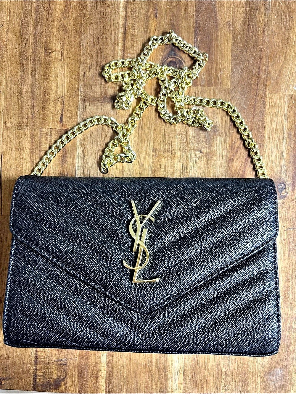 Look a like Yves Saint Laurent Monogram Chevron Envelope Wallet on Chain Black